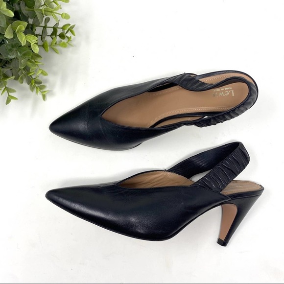 Lewit Black Soft Leather Tan Pointed Toe Sling Back Heels - Picture 7 of 9
